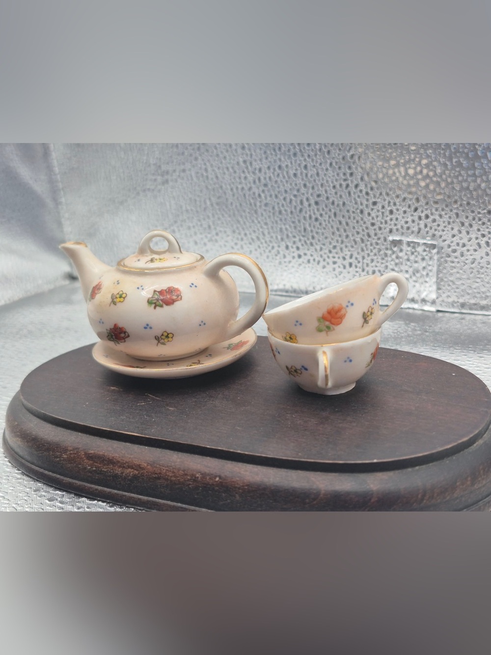 Vintage Occupied Japan RARE Miniature Floral Tea Set Teapot Cups Gold Trim